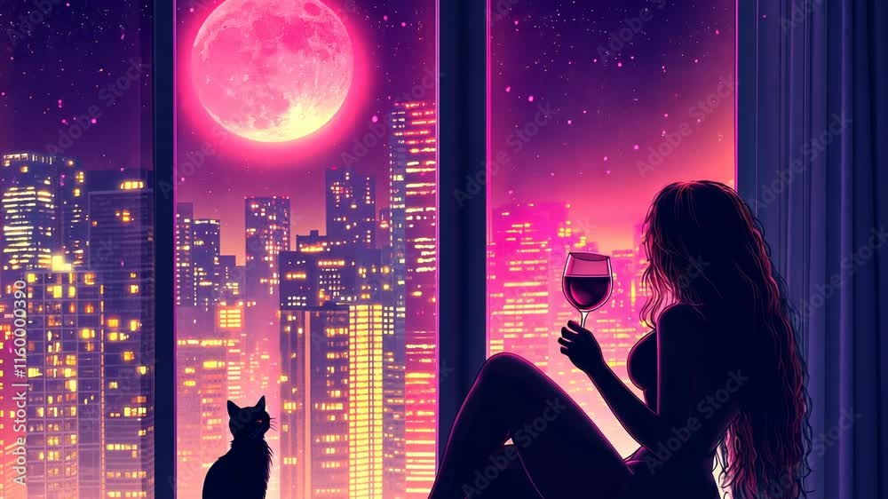 A girl with long hair sits on the windowsill, drinking wine and gazing at the pink moon over the night city from the window, in the style of digital art, anime