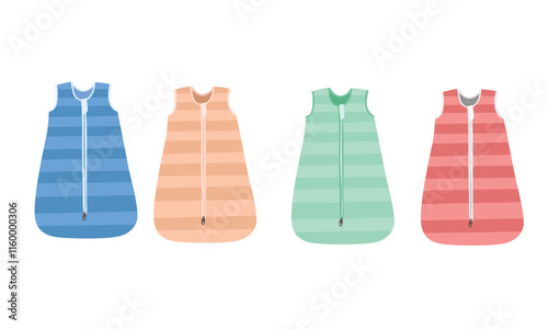 Baby sleep sack vector illustration in cartoon style. Baby sleeping bag clipart in flat design with striple pattern and a zipper running vertically down the center. Baby clothing, baby element.