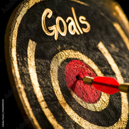 3D illustration of a red dart, golden target and words over black background. Concept of smart goals or objectives. 