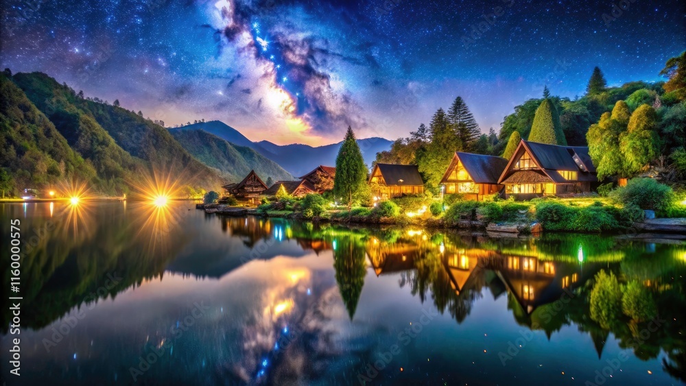Fototapeta premium Night Photography of Parapat Village, Sumatra, Indonesia - Scenic Lake Toba, Starry Sky, Traditional Houses, and Serene Atmosphere Captured in Stunning Detail
