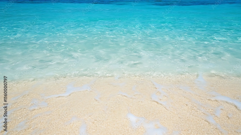 Crystal Clear Turquoise Ocean Waves Gently Embrace Pristine Sandy Beach Shore : Generative AI Crystal Clear Turquoise Ocean Waves Gently Embrace Pristine Sandy Beach Shore : Generative AI