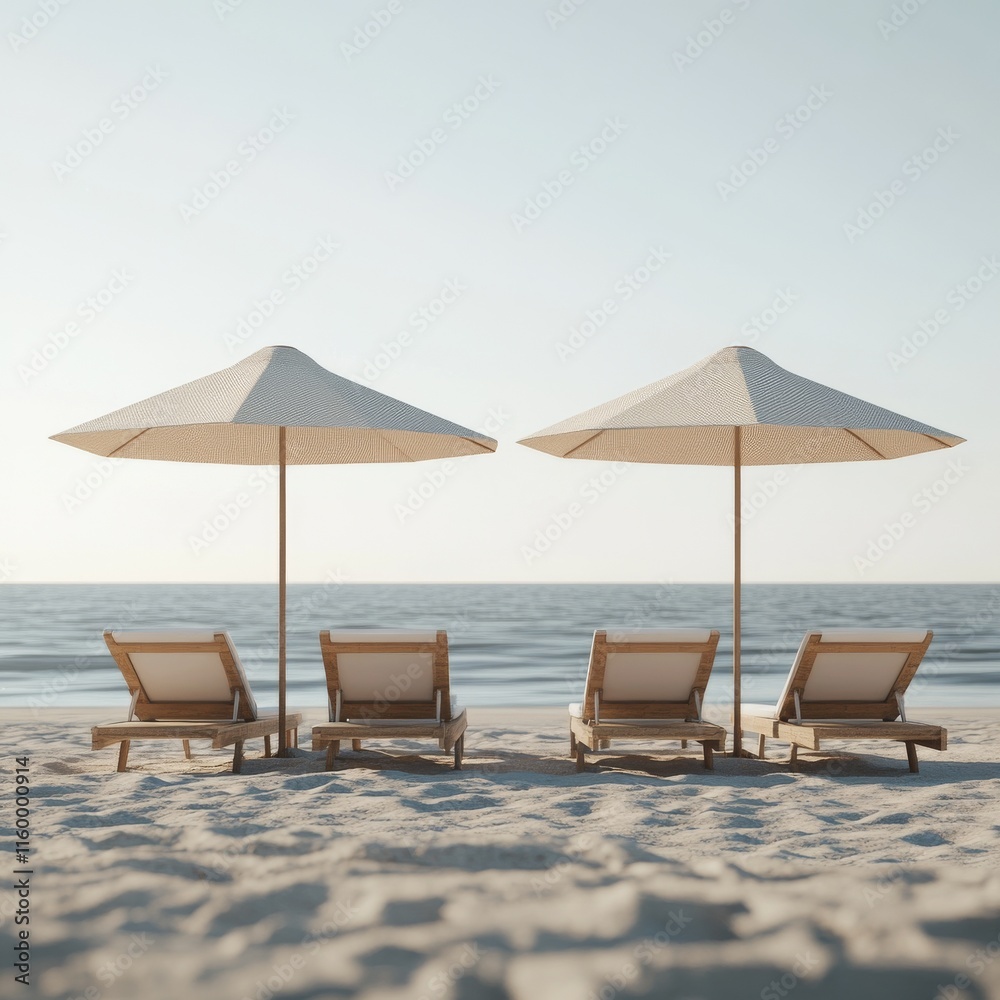 Two sun loungers and parasols on the beach. 3d illustration Two sun loungers and parasols on the beach. 3d illustration