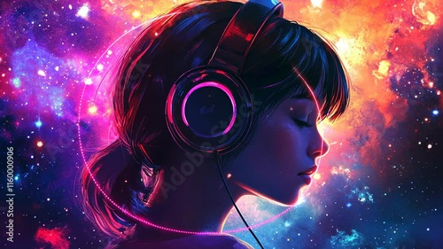Beautiful girl with headphones on, listening to music against a background of colorful stars and galaxies in space. Digital art illustration, vector graphic design, lofi vibe