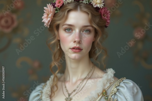 Elegant Young Woman in Floral Headpiece and Vintage Dress