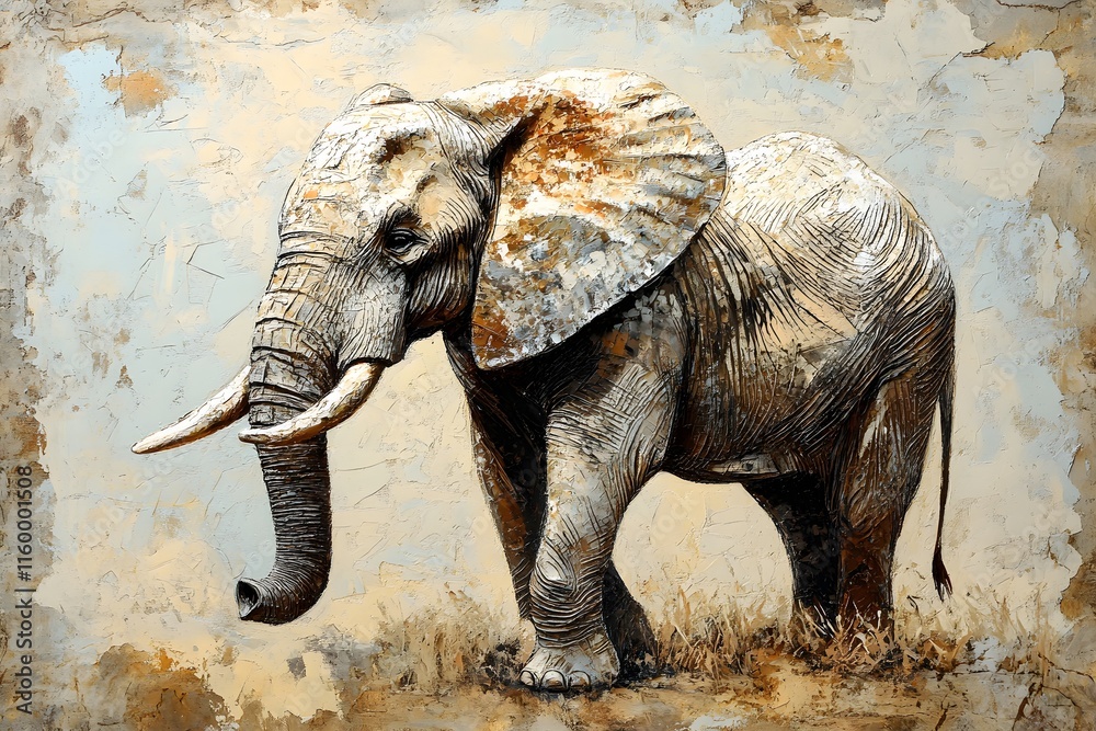 Fototapeta premium A large African elephant stands in textured gold tones.