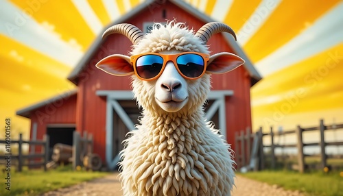 Cool Sheep Wearing Sunglasses Red Barn Sunny Day Background photo