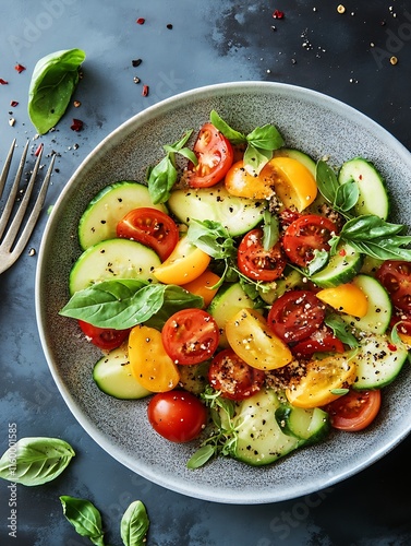 Fresh Heirloom Tomato and Cucumber Salad with Basil on Rustic Plate : Generative AI