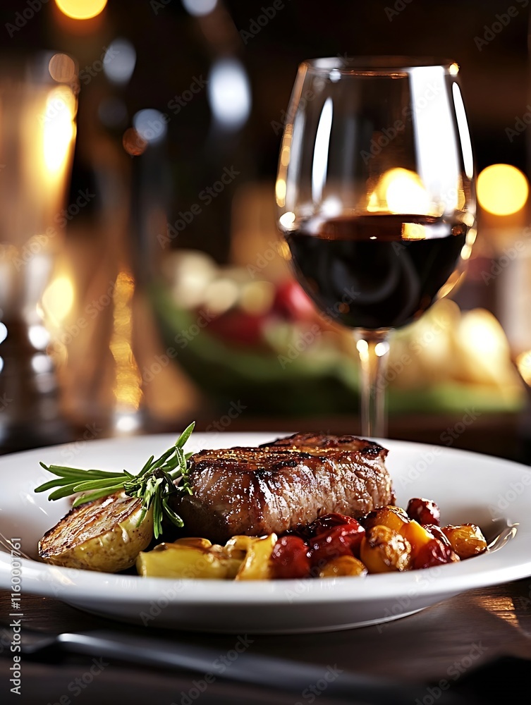 Gourmet Dinner with Steak and Vegetables Paired with Red Wine for Elegant Dining Experience : Generative AI
