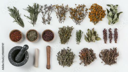 Selection of Various Fragrant Dried Herbs and Mortar for Culinary Delights photo