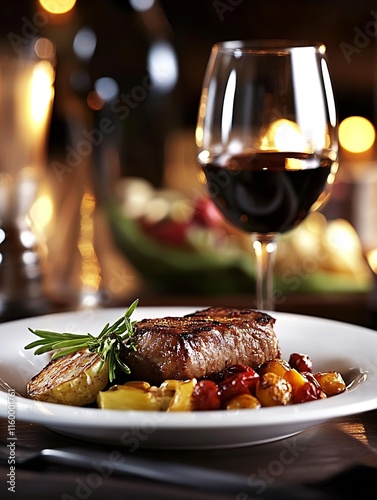 Obraz na płótnie Gourmet Dinner with Steak and Vegetables Paired with Red Wine for Elegant Dining Experience : Generative AI w salonie