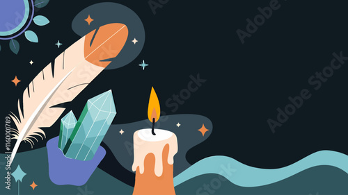 Powwow ritual tools card with candle and crystals on dark background with copy space
