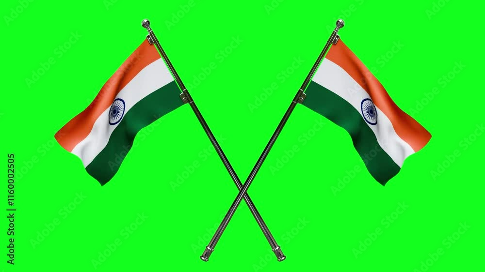 The national flag of India, isolated on a green screen background in a crossed pattern, is waving in 4K resolution