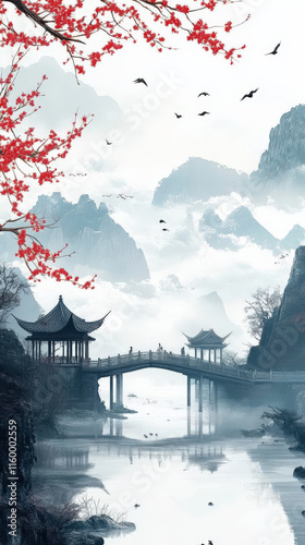 Wallpaper Mural A Chinese landscape painting with ancient bridges and pavilions Torontodigital.ca