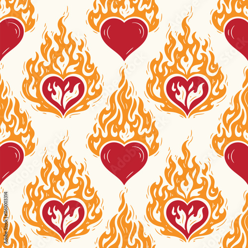 Red Heart on Fire Seamless Bright Pattern. Burning Heart Symbol of Love for Valentine day design. Hand drawn vector illustration.	
