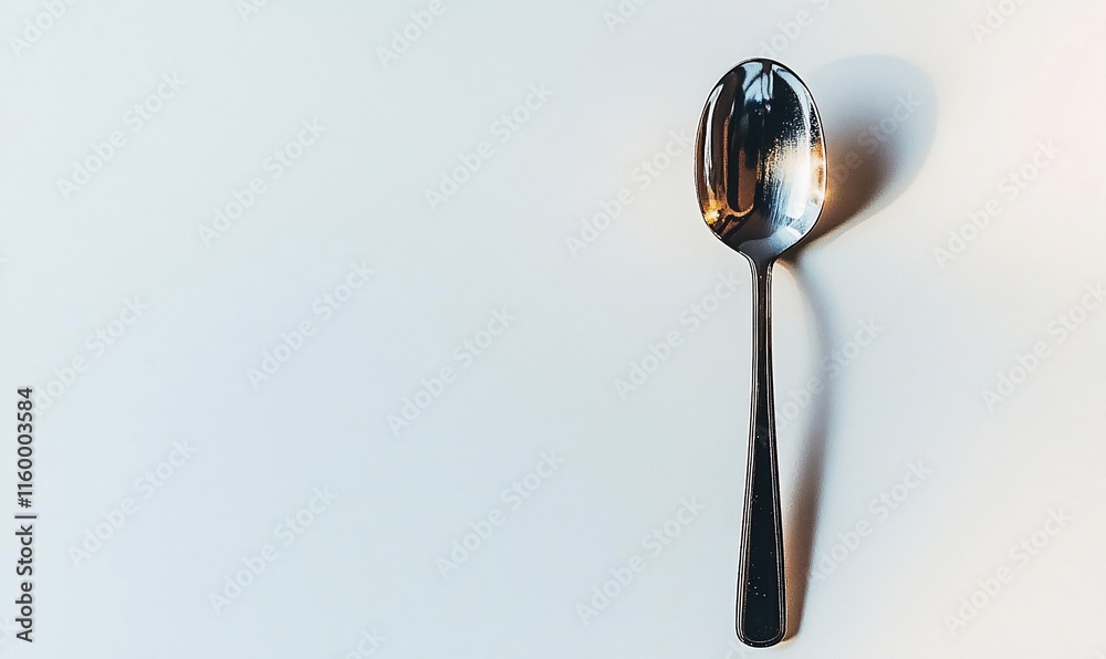 A shiny spoon resting on a white surface, casting a soft shadow. A shiny spoon resting on a white surface, casting a soft shadow.