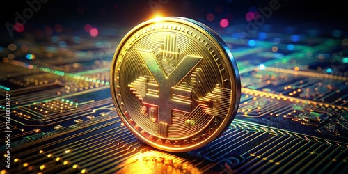 Digital Yuan Gold Coin: Eye-Level Concept of Decentralized Chinese Currency Beyond 100 Yuan Note photo