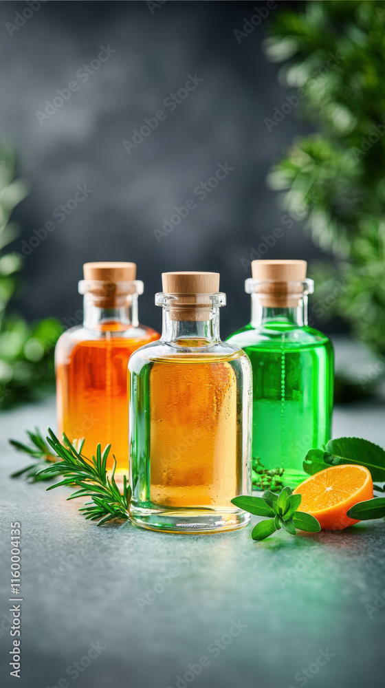 Three colorful glass bottles filled with aromatic oils, surrounded by fresh herbs and a slice of citrus, set against a softly lit background. Three colorful glass bottles filled with aromatic oils, surrounded by fresh herbs and a slice of citrus, set against a softly lit background.