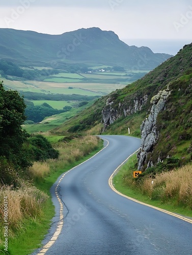Scenic Winding Road in Lush Irish Countryside Leading to Distant Hills : Generative AI