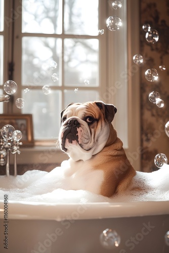 A photo of a Bulldog in the bathtub, surrounded by bubbles and soap suds with a window behind it. The bathroom is cozy and rustic