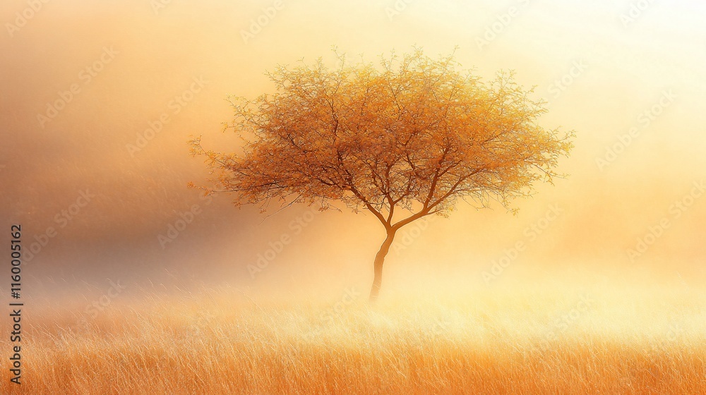 A solitary tree in a misty landscape during golden hour. A solitary tree in a misty landscape during golden hour.