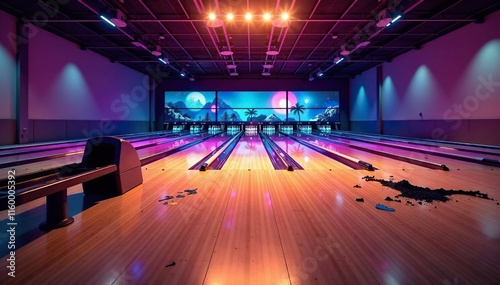 Torn down bowling alley with broken lanes and seats, wreckage, disarray