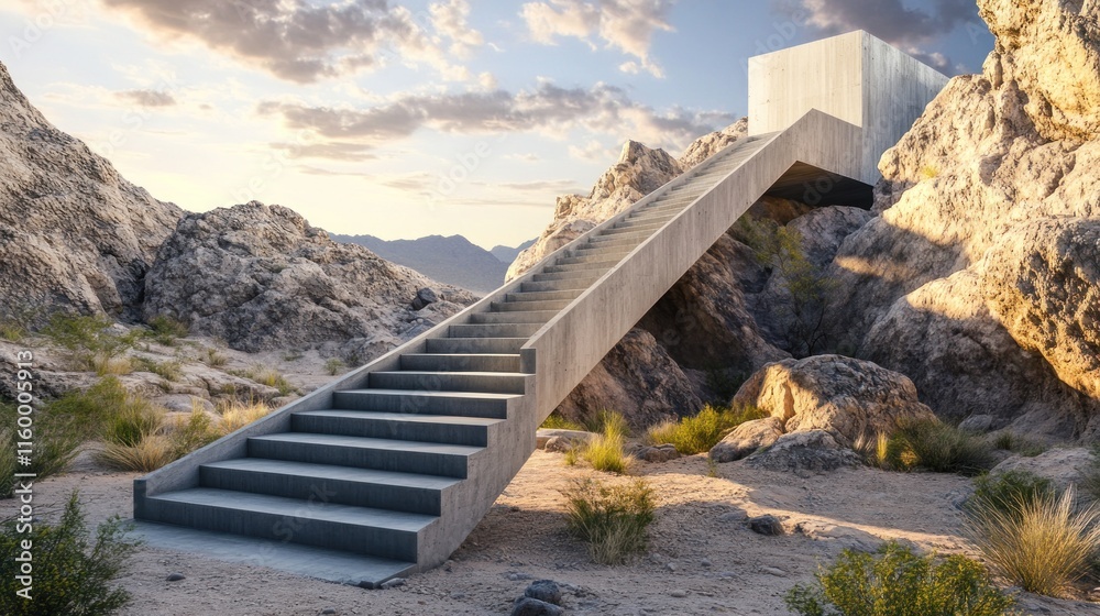Zigzagging concrete staircase in a rocky desert terrain, bold modern design, dramatic composition Zigzagging concrete staircase in a rocky desert terrain, bold modern design, dramatic composition