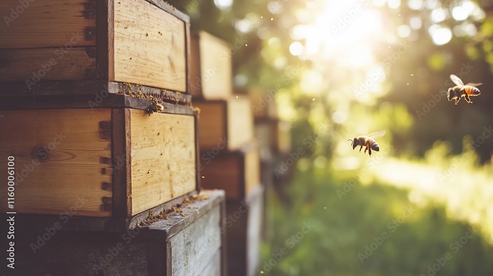 Bees flying near wooden hives in a sunlit garden setting. Bees flying near wooden hives in a sunlit garden setting.