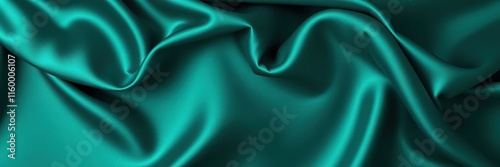 Dark teal green silk satin. Shiny smooth fabric. Soft folds. Luxury background with space for design. web banner. Flat lay, top view table. Birthday, Christmas, Valentine, New year
