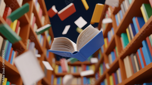 DISCOMBOBULATE, A digital image featuring a library scene with books dramatically falling off shelves, capturing a whimsical and chaotic atmosphere. photo