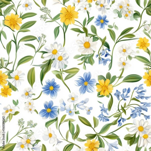 Daisy flowers, bellflowers, leaves, white background. Floral illustration. Vector seamless pattern. Botanical design. Meadow nature plants