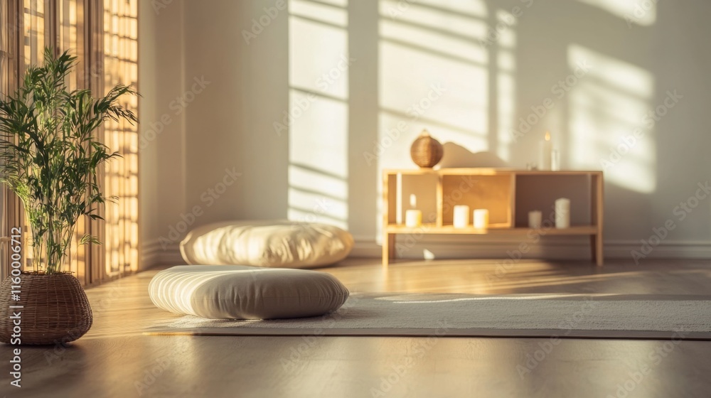 Fototapeta A peaceful home meditation and yoga space, Cushions, yoga mats