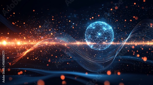 Abstract glowing sphere with network connections and energy waves.