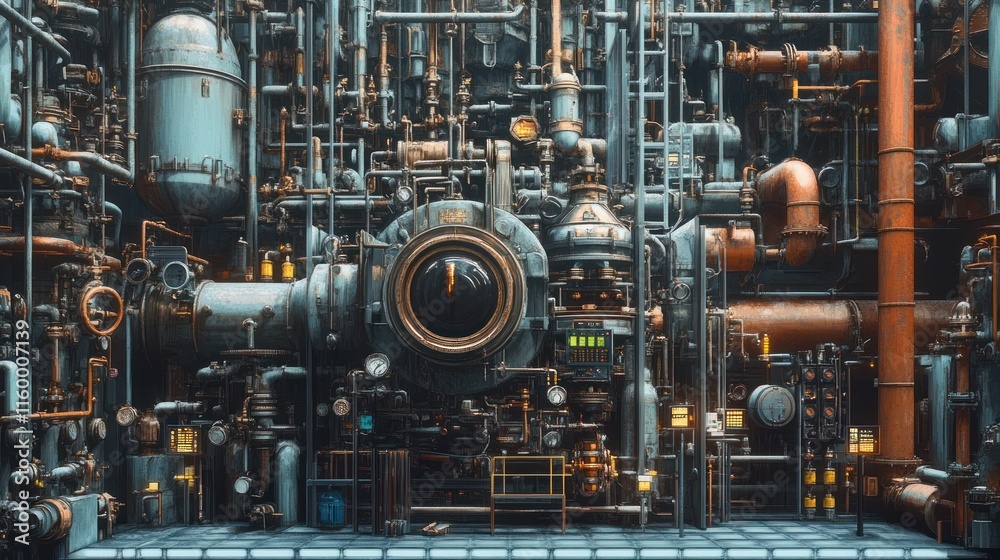 An industrial stock cracker machine surrounded by a complex system of pipes and storage tanks An industrial stock cracker machine surrounded by a complex system of pipes and storage tanks