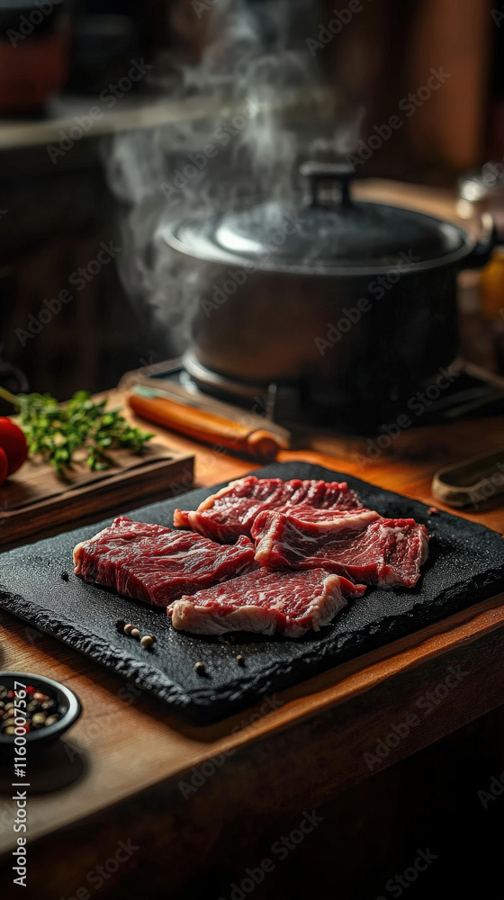 Fototapeta premium The cutting board on the table is filled with fresh beef and red wine