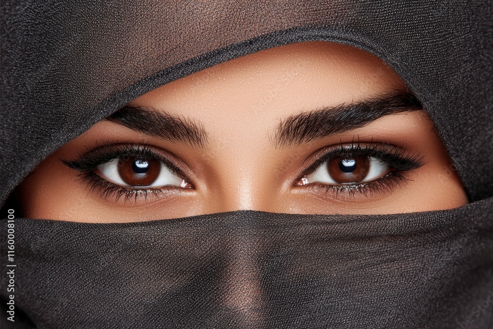 Captivating Close-Up of a Woman's Eyes Framed by a Textured Black Veil Captivating Close-Up of a Woman's Eyes Framed by a Textured Black Veil