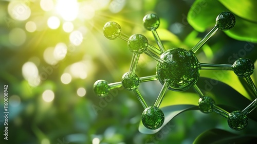 A close-up of green, carbon-based molecules, with sunlight filtering through leaves in the background.highlighting its eco-friendly nature.