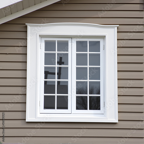 Double hung window with fixed top sash and bottom sash that slides up, sash divided by white grilles a surrounded by white elegant frame on a horizontal vinyl siding, under a gable and soffit