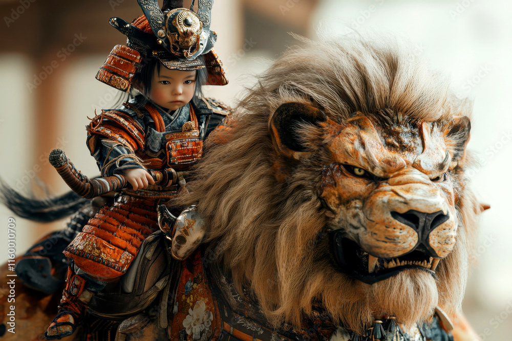 Fototapeta premium A child riding a lion in ornate armor, showcasing bravery.
