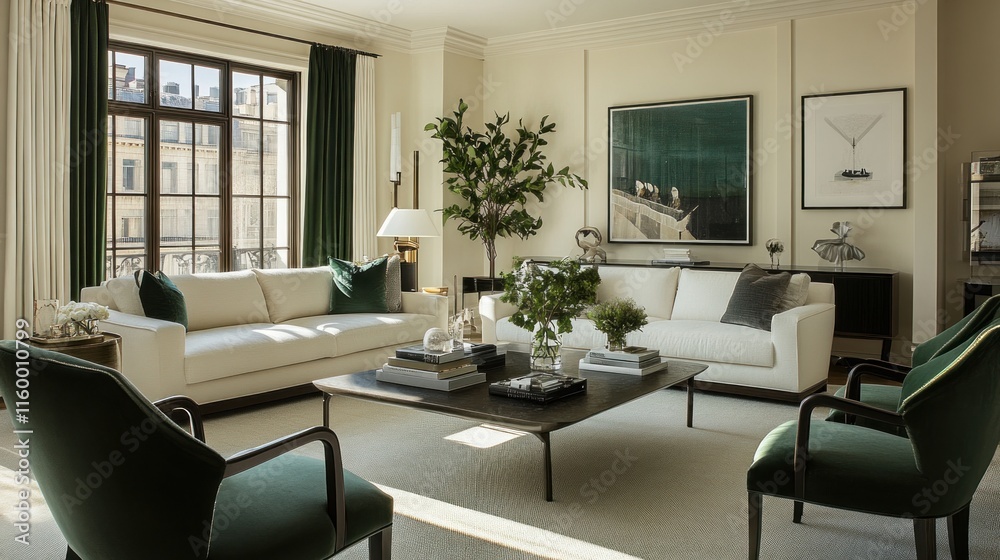 The overall design embraces clean lines and subtle elegance, with dark green details subtly woven into the furnishings, contributing to the serene and modern fee The overall design embraces clean lines and subtle elegance, with dark green details subtly woven into the furnishings, contributing to the serene and modern fee