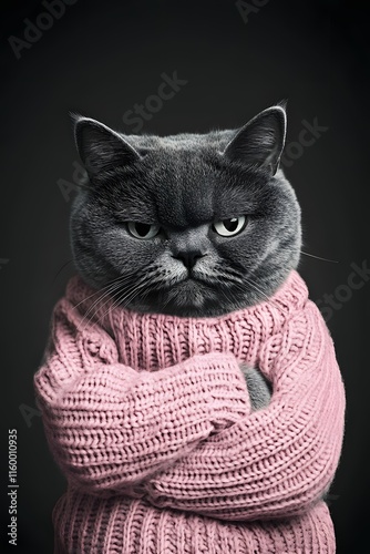 A gray cat wearing a pink sweater, with a snooty cartoon face and a grumpy expression, arms crossed over its chest photo