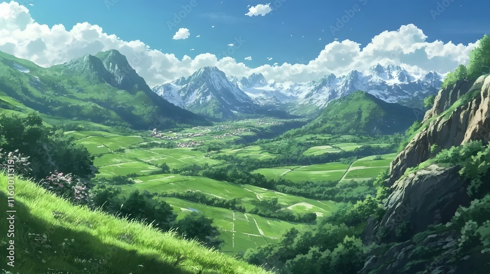 Green mountains, clear skies, flowing valleys in anime style Green mountains, clear skies, flowing valleys in anime style