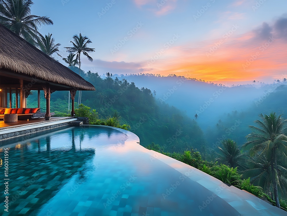 Fototapeta premium Tropical Villa Infinity Pool Sunrise View