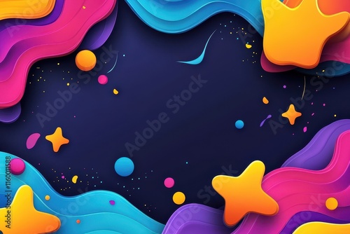 Colorful waves, crowns, stars, confetti frame.