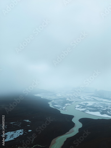 A dystopian landscape with smogfilled skies and melting ice rivers, representing the dire consequences of unchecked climate change photo