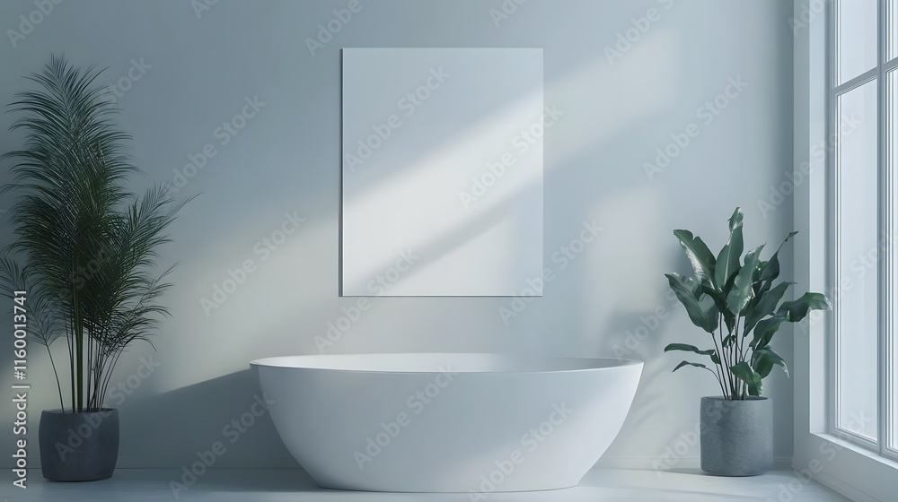 Large white poster on light gray wall in modern bathroom interior Large white poster on light gray wall in modern bathroom interior