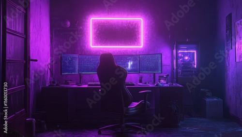 Gamer sitting in purple-lit room with triple monitors. photo