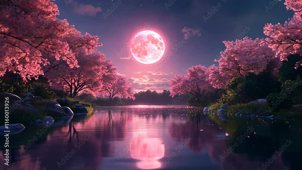 Pink moon over the water, pink trees on both sides of river, glowing sky with stars, fantasy, cinematic, high resolution, high detail, hyper realistic, wide angle
