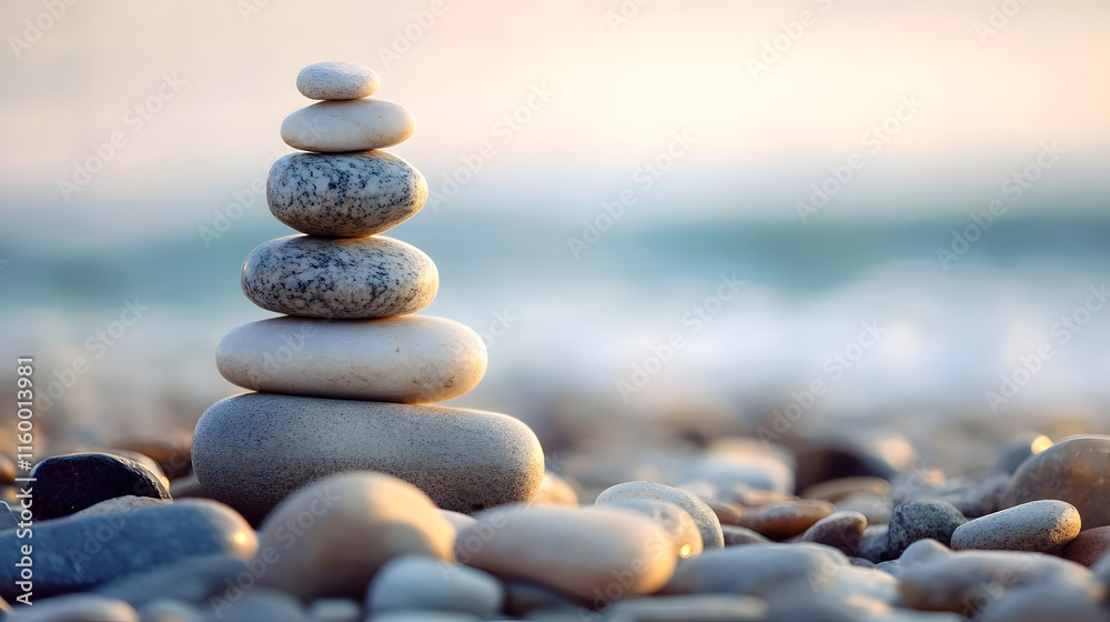 Fototapeta premium Balanced Stone Cairns on Pebble Beach at Sunrise Evoking Calmness and Stability in Nature : Generative AI