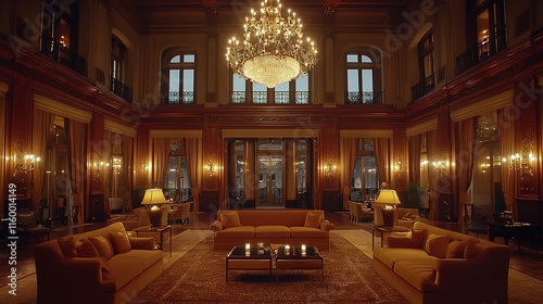 Luxurious hotel lobby with opulent chandeliers, plush sofas, and rich wood paneling.