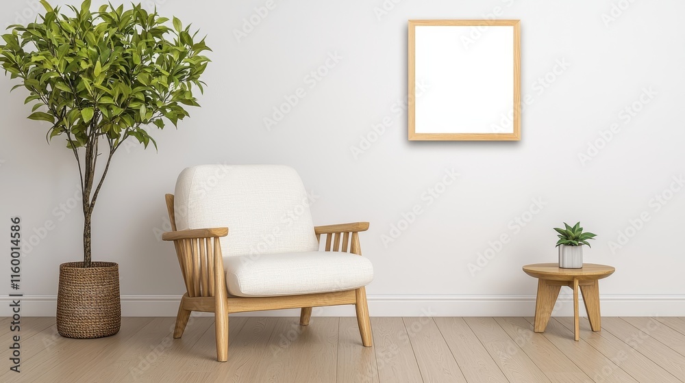 Cozy and Modern Living Room Space with Minimalist Chair and Potted Plants Against White Wall